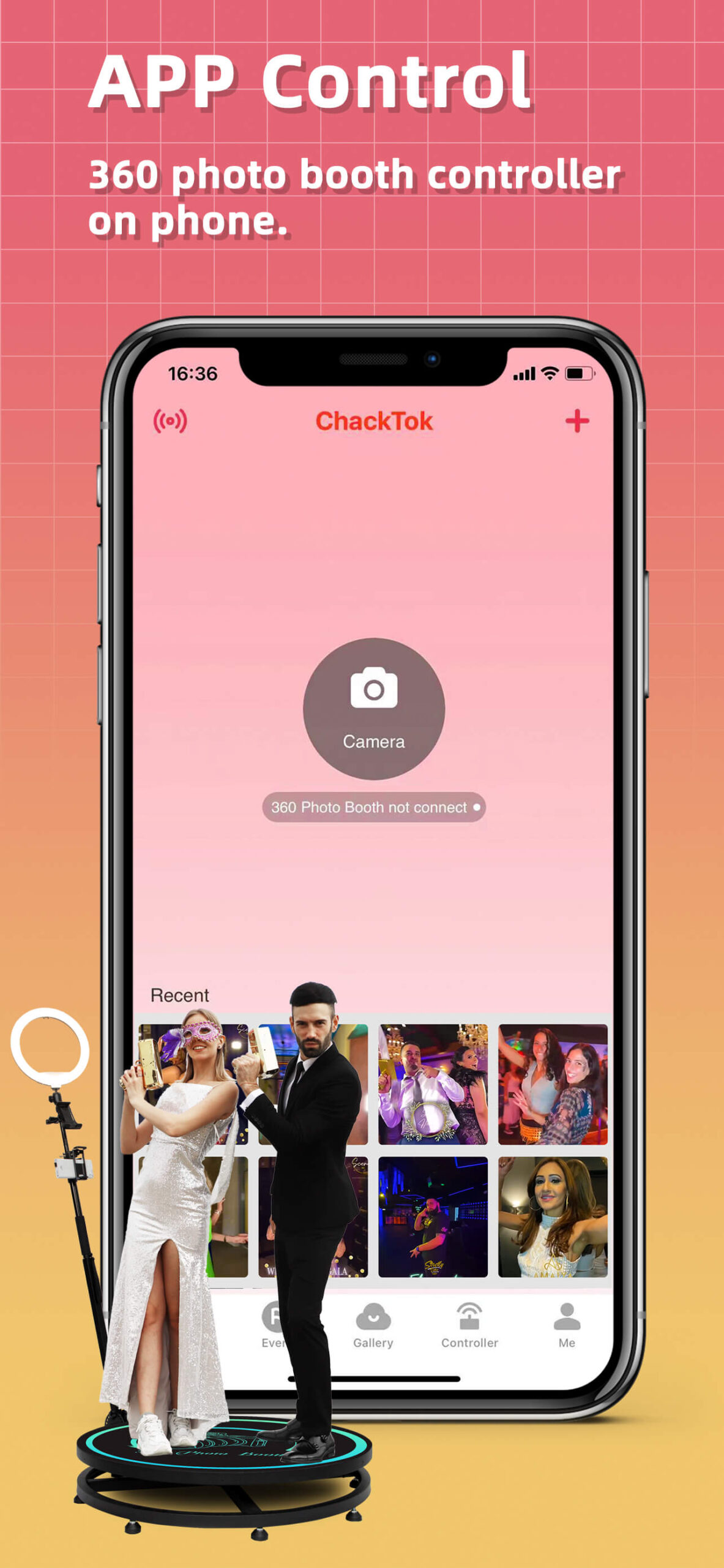 The ChackTok mobile interface shows controls for a connected 360 Photo Booth workflow.