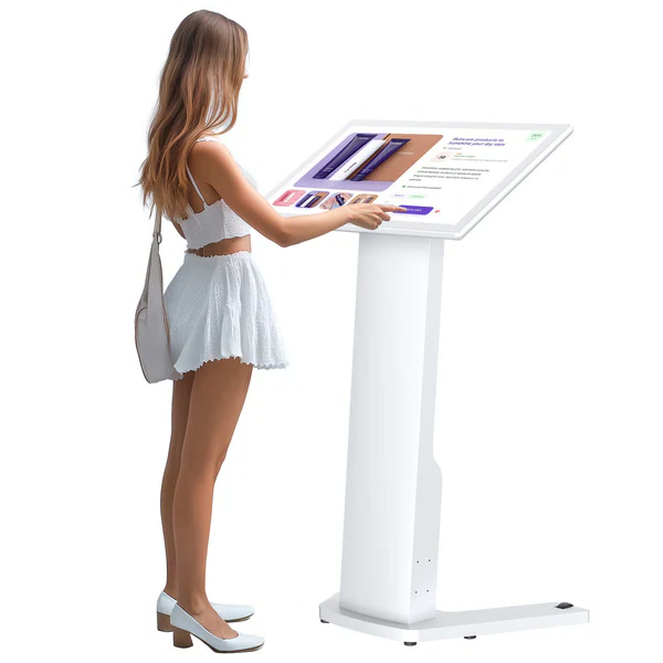 An MWE interactive display kiosk is shown in a freestanding configuration.
