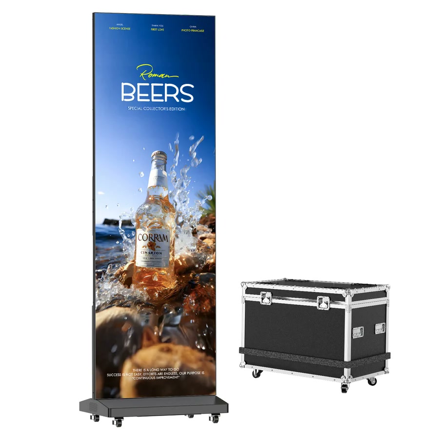An MWE LED poster display is shown beside its transport case.